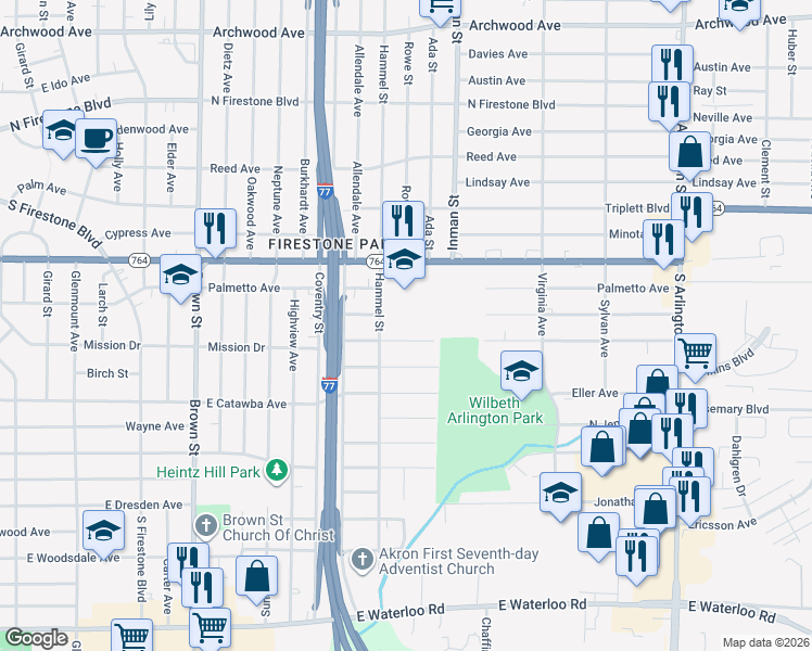 map of restaurants, bars, coffee shops, grocery stores, and more near 1445 Hammel Street in Akron