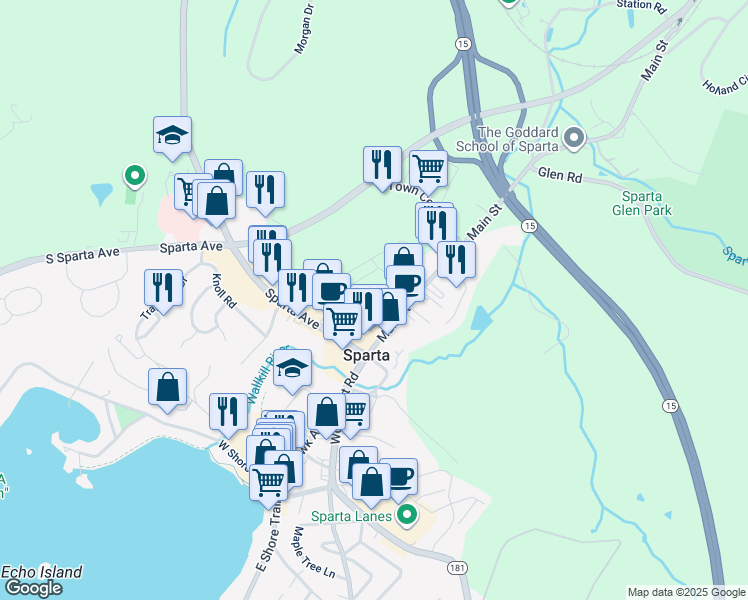 map of restaurants, bars, coffee shops, grocery stores, and more near 16 Main Street in Sparta