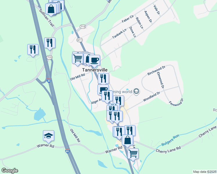 map of restaurants, bars, coffee shops, grocery stores, and more near 313 Learn Road in Tannersville