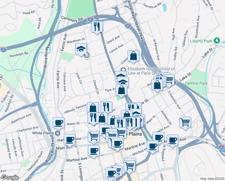 map of restaurants, bars, coffee shops, grocery stores, and more near 10 Park Avenue in White Plains