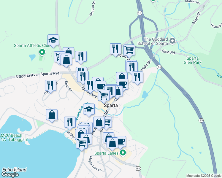 map of restaurants, bars, coffee shops, grocery stores, and more near 16 Main Street in Sparta