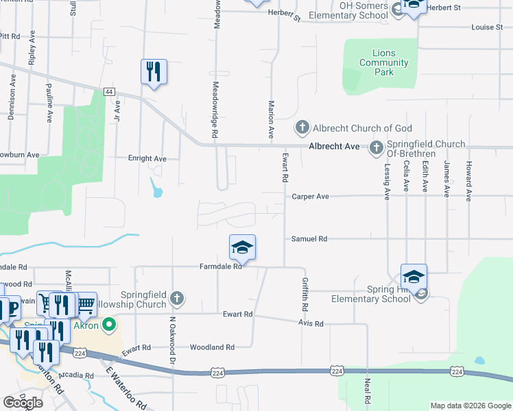 map of restaurants, bars, coffee shops, grocery stores, and more near 458 Ewart Road in Akron