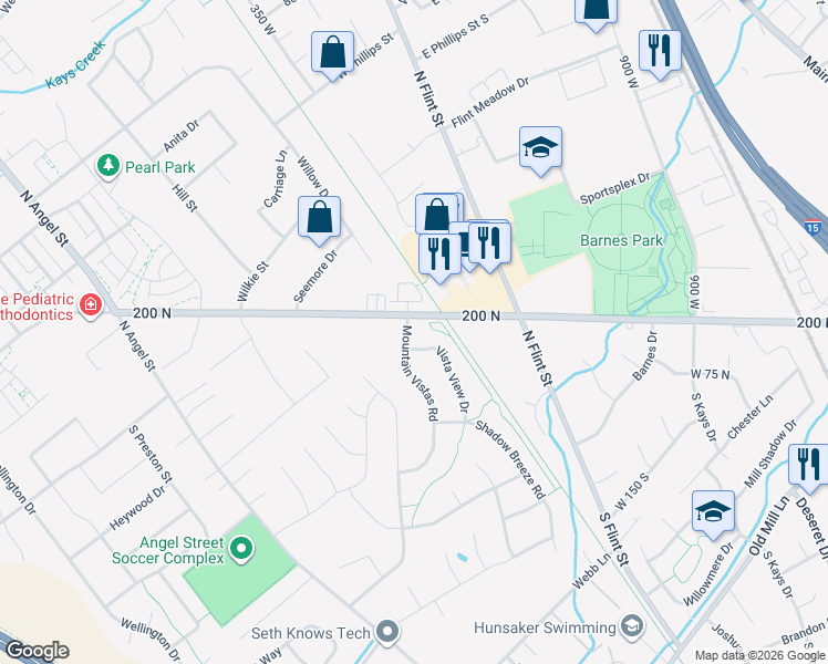 map of restaurants, bars, coffee shops, grocery stores, and more near 186 North Mountain Vistas Road West in Kaysville