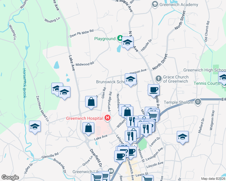 map of restaurants, bars, coffee shops, grocery stores, and more near 31 Perryridge Road in Greenwich
