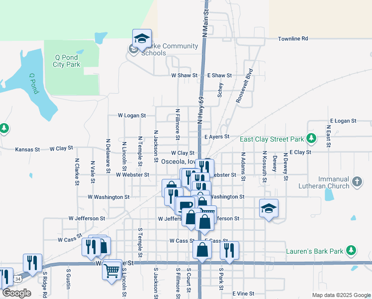 map of restaurants, bars, coffee shops, grocery stores, and more near 114 West Ayers Street in Osceola
