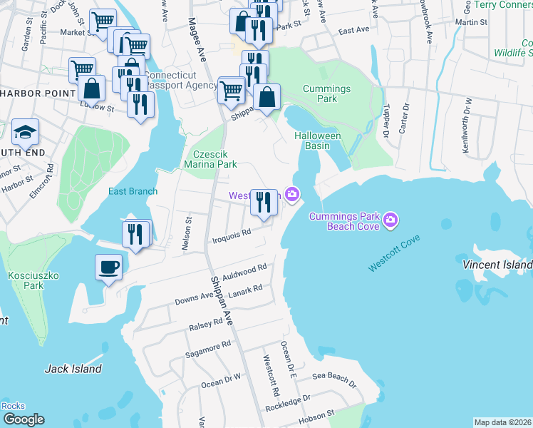 map of restaurants, bars, coffee shops, grocery stores, and more near 72 Rippowam Road in Stamford
