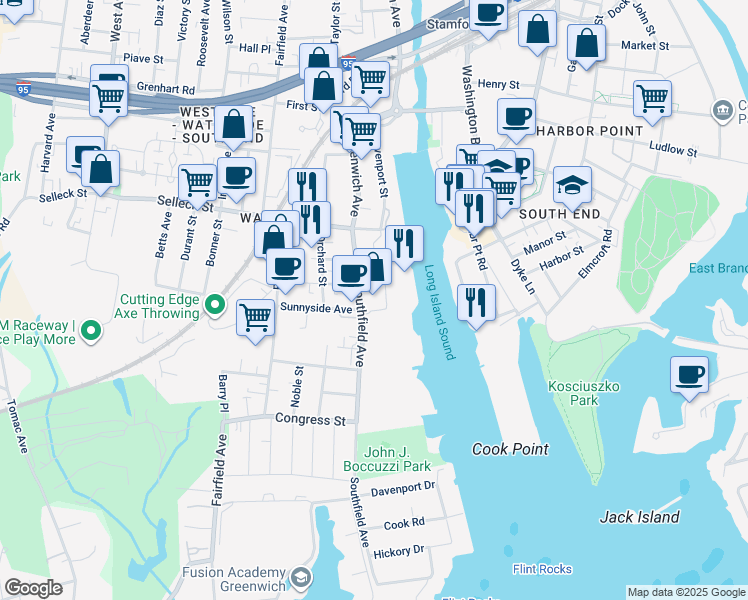 map of restaurants, bars, coffee shops, grocery stores, and more near 68 Southfield Avenue in Stamford