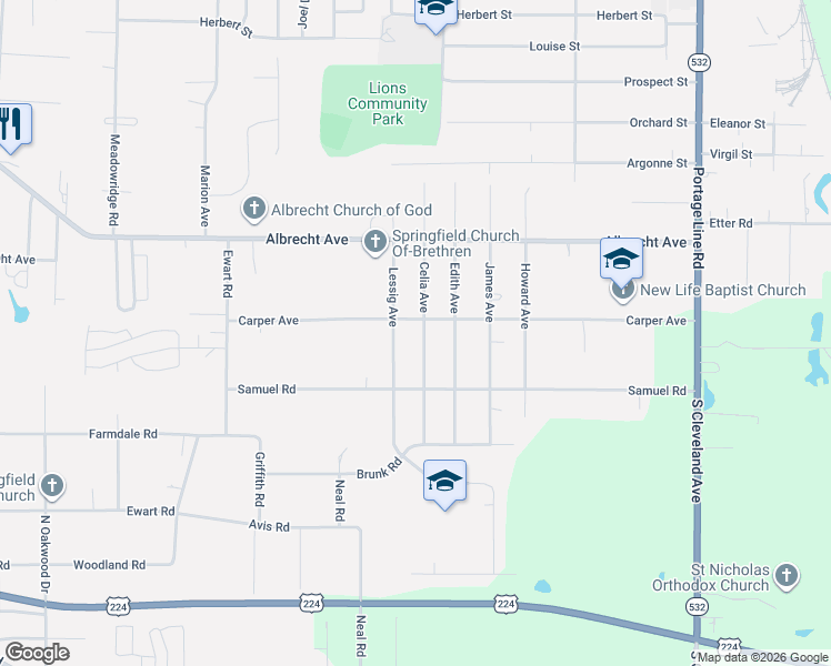 map of restaurants, bars, coffee shops, grocery stores, and more near 3407 Carper Avenue in Akron