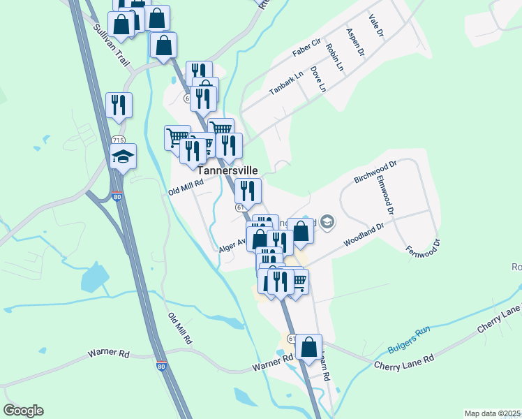 map of restaurants, bars, coffee shops, grocery stores, and more near 313 Learn Road in Tannersville