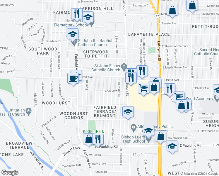 map of restaurants, bars, coffee shops, grocery stores, and more near 4926 Webster Street in Fort Wayne