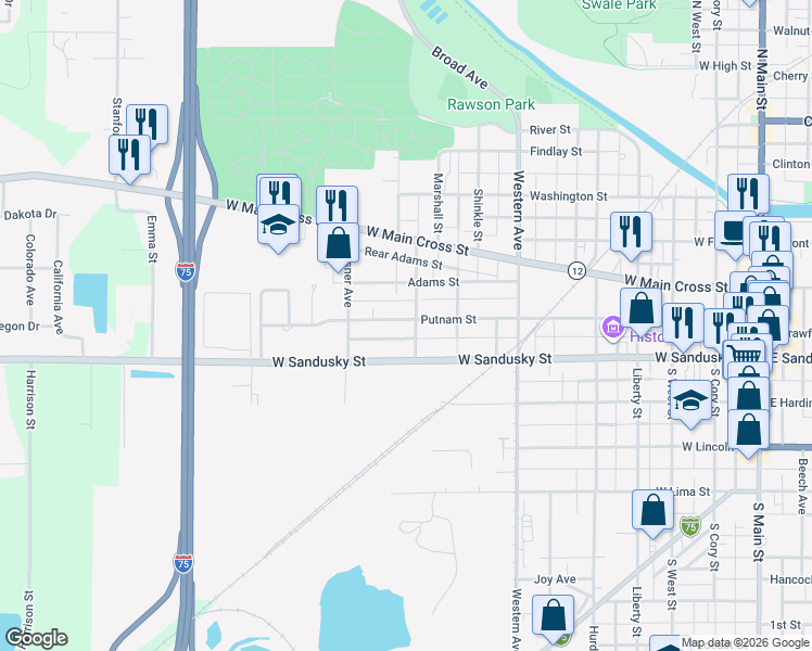 map of restaurants, bars, coffee shops, grocery stores, and more near 903 Putnam Street in Findlay