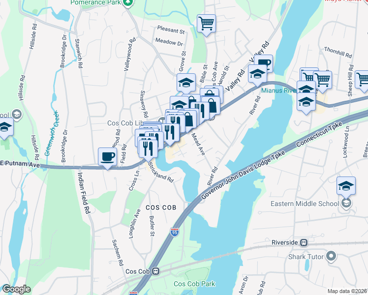 map of restaurants, bars, coffee shops, grocery stores, and more near 8 Relay Court in Greenwich