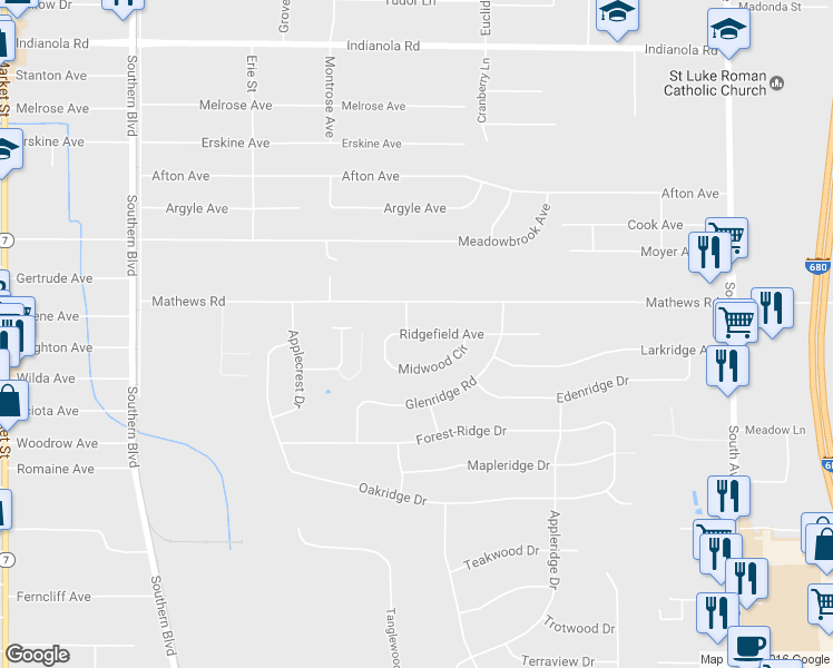 map of restaurants, bars, coffee shops, grocery stores, and more near 355 Ridgefield Ave in Boardman
