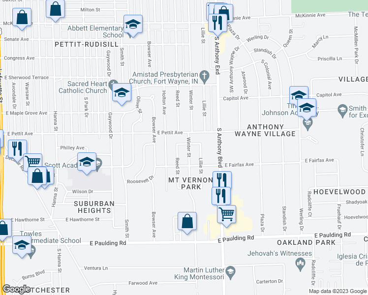 map of restaurants, bars, coffee shops, grocery stores, and more near 1516 Elmrow Drive in Fort Wayne