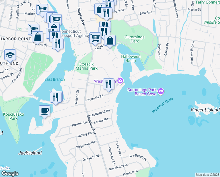 map of restaurants, bars, coffee shops, grocery stores, and more near 72 Rippowam Road in Stamford
