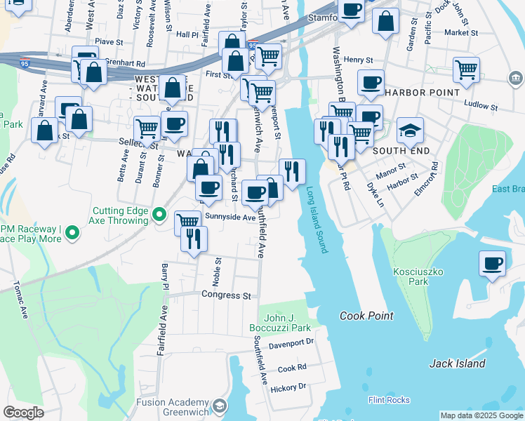 map of restaurants, bars, coffee shops, grocery stores, and more near 45 Southfield Avenue in Stamford
