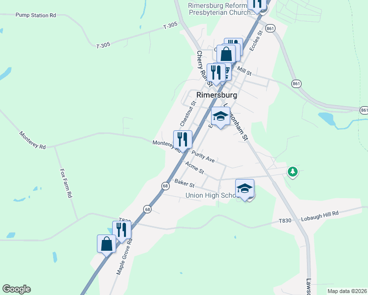map of restaurants, bars, coffee shops, grocery stores, and more near 284-358 West Back Street in Rimersburg