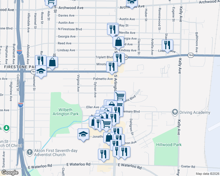 map of restaurants, bars, coffee shops, grocery stores, and more near 955 Donald Avenue in Akron