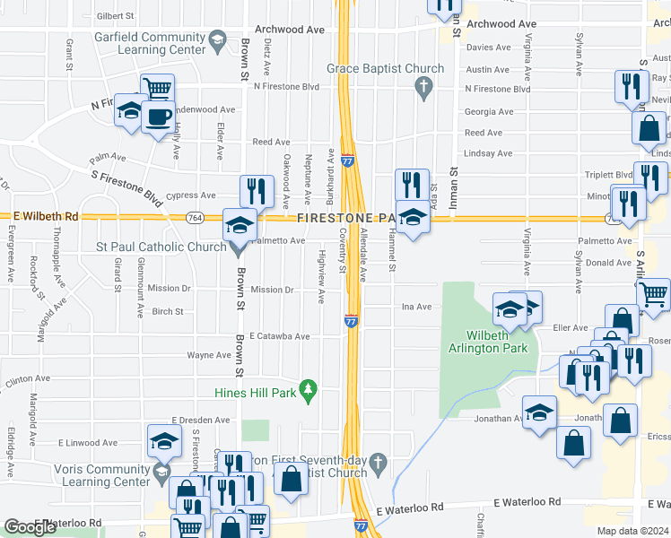 map of restaurants, bars, coffee shops, grocery stores, and more near 1552 Coventry Street in Akron