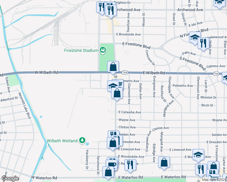 map of restaurants, bars, coffee shops, grocery stores, and more near 1775 South Main Street in Akron