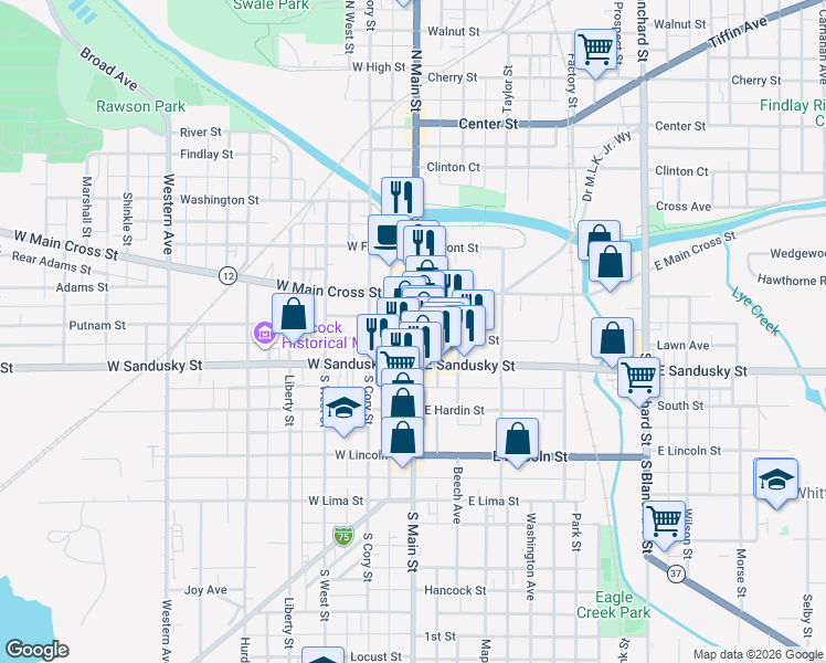 map of restaurants, bars, coffee shops, grocery stores, and more near in Findlay
