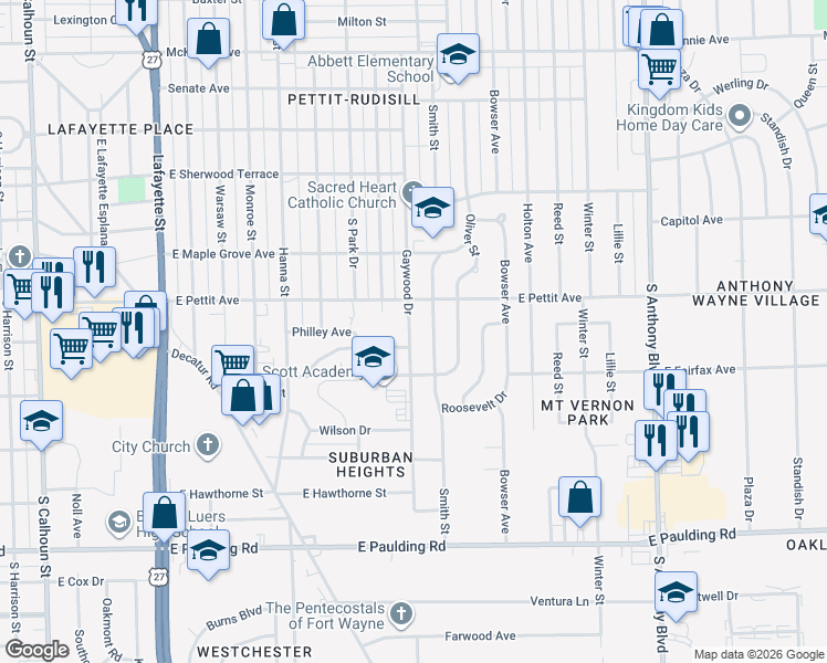 map of restaurants, bars, coffee shops, grocery stores, and more near 4914 Smith Street in Fort Wayne