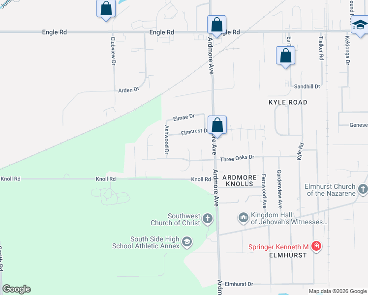 map of restaurants, bars, coffee shops, grocery stores, and more near 4107 Elmcrest Drive in Fort Wayne