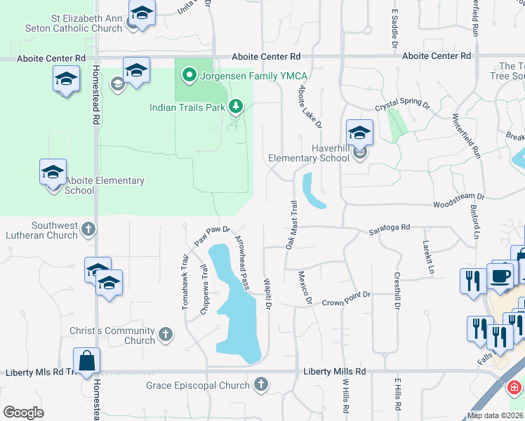 map of restaurants, bars, coffee shops, grocery stores, and more near 4913 Live Oak Court in Fort Wayne