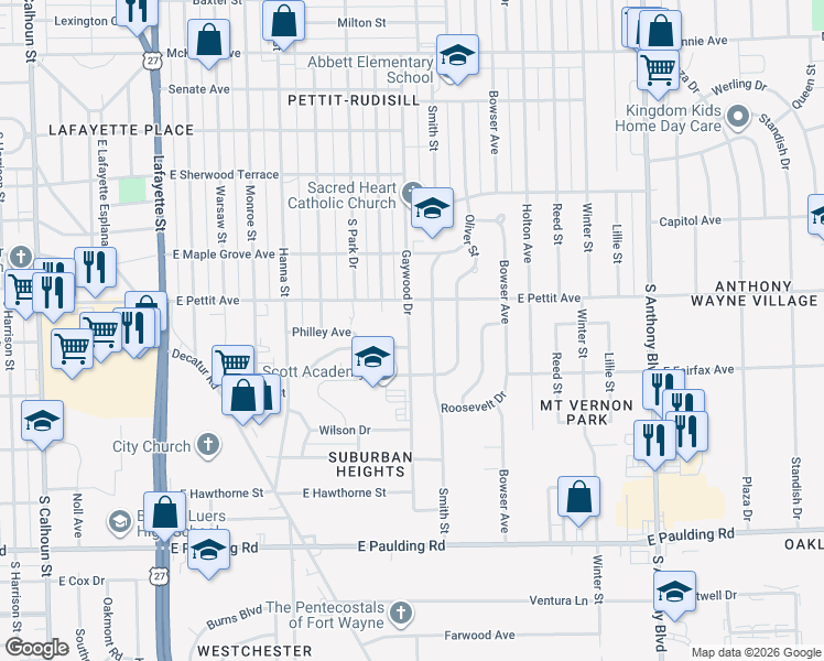 map of restaurants, bars, coffee shops, grocery stores, and more near 4914 Smith Street in Fort Wayne