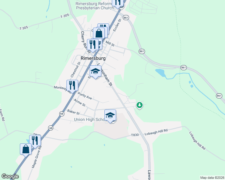 map of restaurants, bars, coffee shops, grocery stores, and more near 171-353 Lawsonham Street in Rimersburg