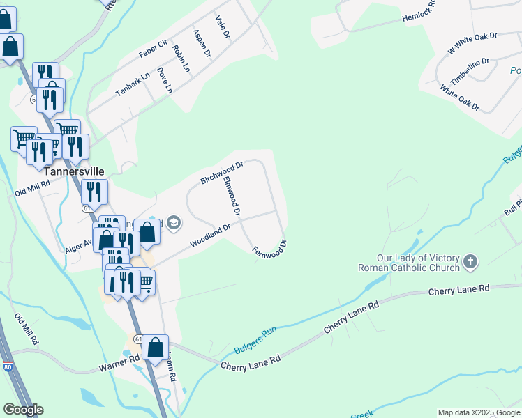 map of restaurants, bars, coffee shops, grocery stores, and more near 5187 Woodland Drive in Tannersville
