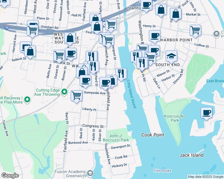 map of restaurants, bars, coffee shops, grocery stores, and more near 62 Southfield Avenue in Stamford