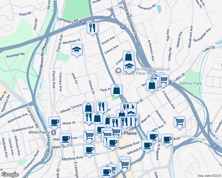 map of restaurants, bars, coffee shops, grocery stores, and more near 69 New York 22 in White Plains