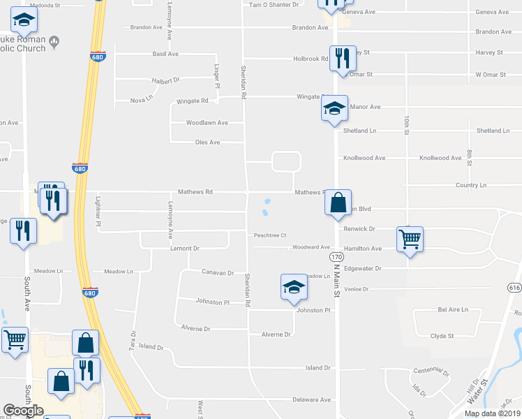 map of restaurants, bars, coffee shops, grocery stores, and more near 1951 Mathews Road in Youngstown