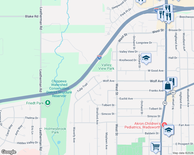 map of restaurants, bars, coffee shops, grocery stores, and more near 410 Tulip Trail in Wadsworth