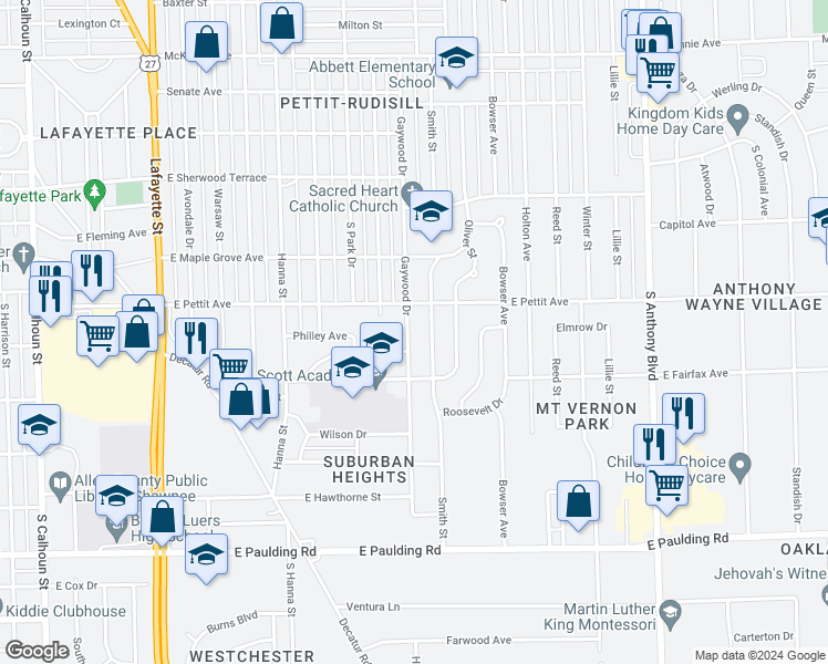 map of restaurants, bars, coffee shops, grocery stores, and more near 4925 Gaywood Drive in Fort Wayne
