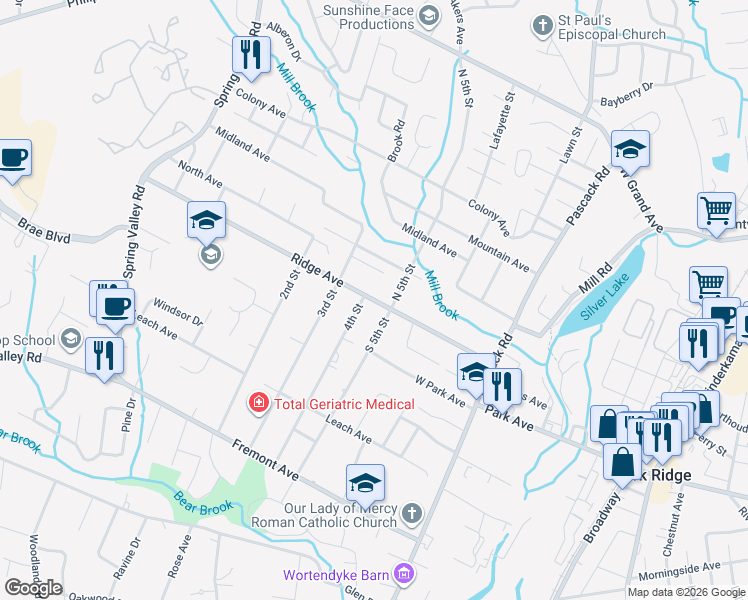 map of restaurants, bars, coffee shops, grocery stores, and more near 78 Ridge Avenue in Park Ridge