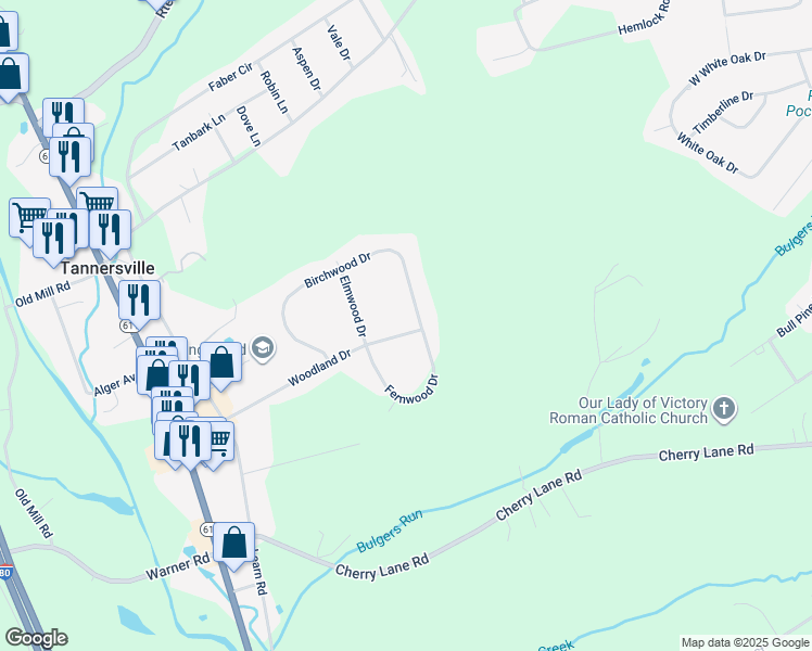 map of restaurants, bars, coffee shops, grocery stores, and more near 5187 Woodland Drive in Tannersville