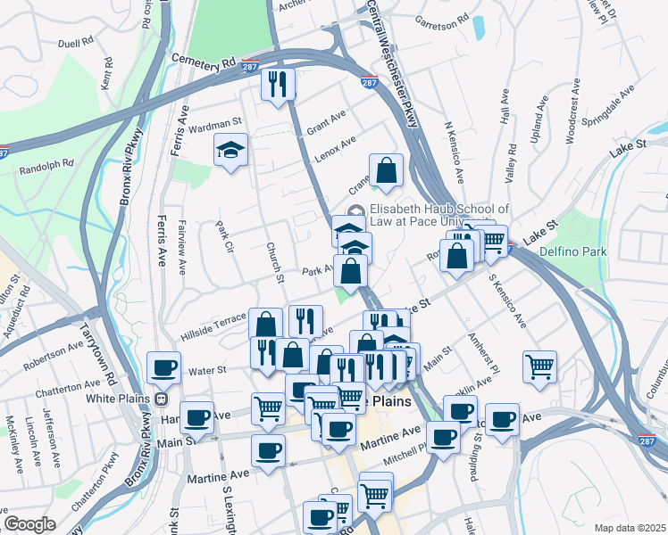 map of restaurants, bars, coffee shops, grocery stores, and more near 69 New York 22 in White Plains