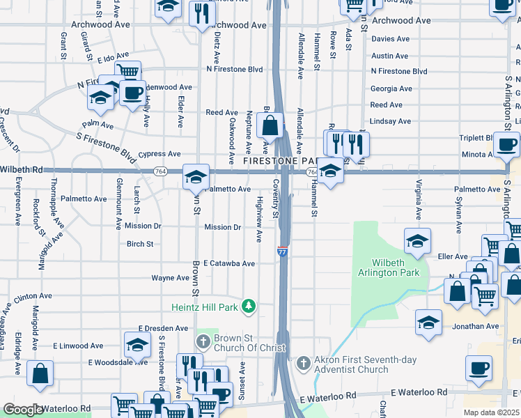 map of restaurants, bars, coffee shops, grocery stores, and more near 1588 Highview Avenue in Akron