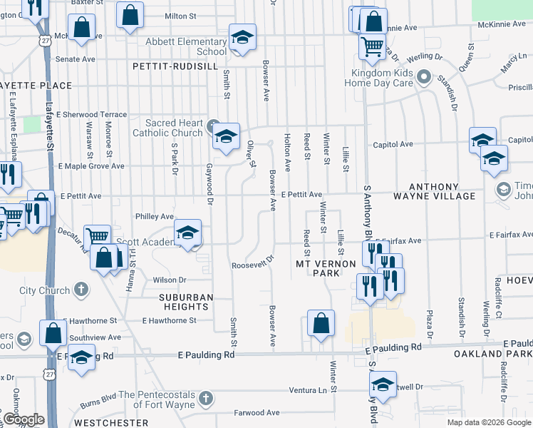 map of restaurants, bars, coffee shops, grocery stores, and more near 4914 Mount Vernon Park Drive in Fort Wayne