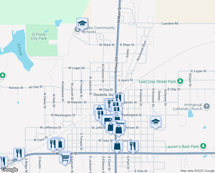 map of restaurants, bars, coffee shops, grocery stores, and more near 114 West Ayers Street in Osceola