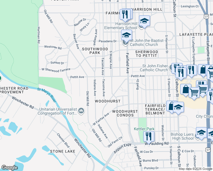 map of restaurants, bars, coffee shops, grocery stores, and more near 4915 Tacoma Avenue in Fort Wayne