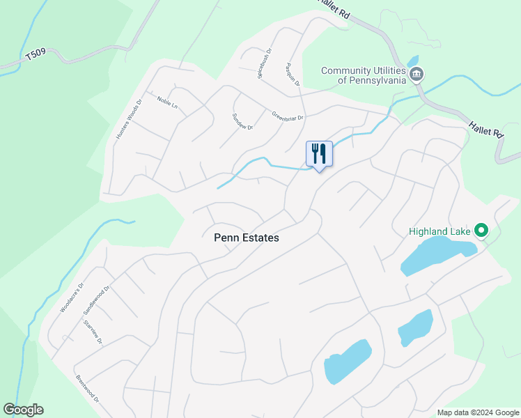 map of restaurants, bars, coffee shops, grocery stores, and more near 106 Riverbend Terrace in East Stroudsburg