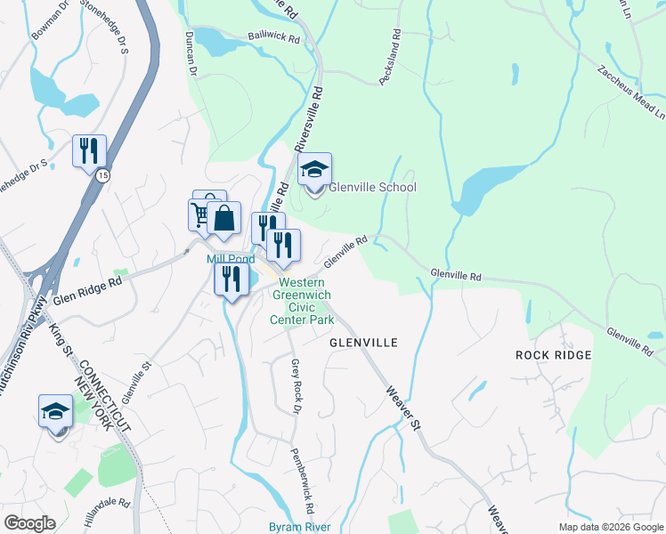 map of restaurants, bars, coffee shops, grocery stores, and more near 220 Glenville Road in Greenwich