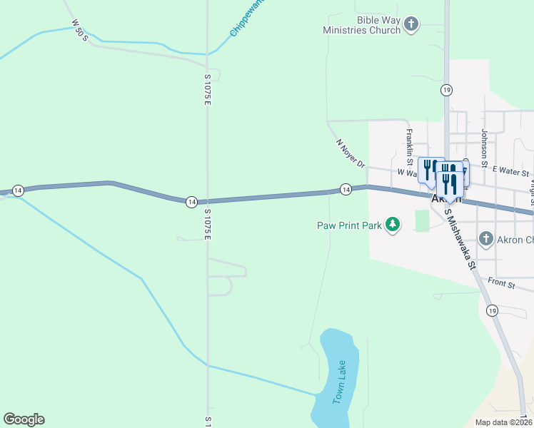 map of restaurants, bars, coffee shops, grocery stores, and more near 10751-11099 State Highway 14 in Akron