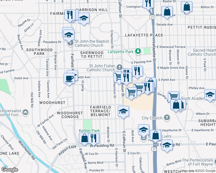 map of restaurants, bars, coffee shops, grocery stores, and more near 4925 Webster Street in Fort Wayne