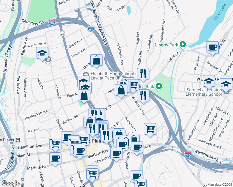 map of restaurants, bars, coffee shops, grocery stores, and more near 11 Terrace Avenue in White Plains