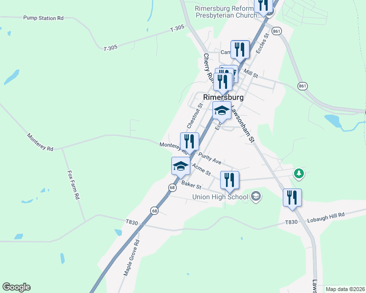 map of restaurants, bars, coffee shops, grocery stores, and more near 284-358 West Back Street in Rimersburg