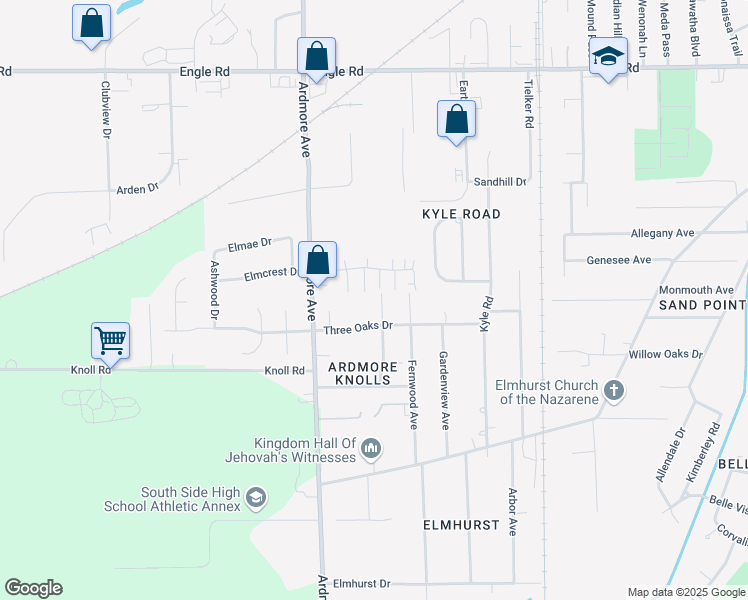 map of restaurants, bars, coffee shops, grocery stores, and more near 4910 Meadow Lane in Fort Wayne